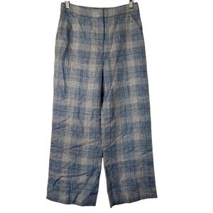 Veronica Beard Plaid‎ Wide Leg Linen Pants Size 6 Blue Cream Beige